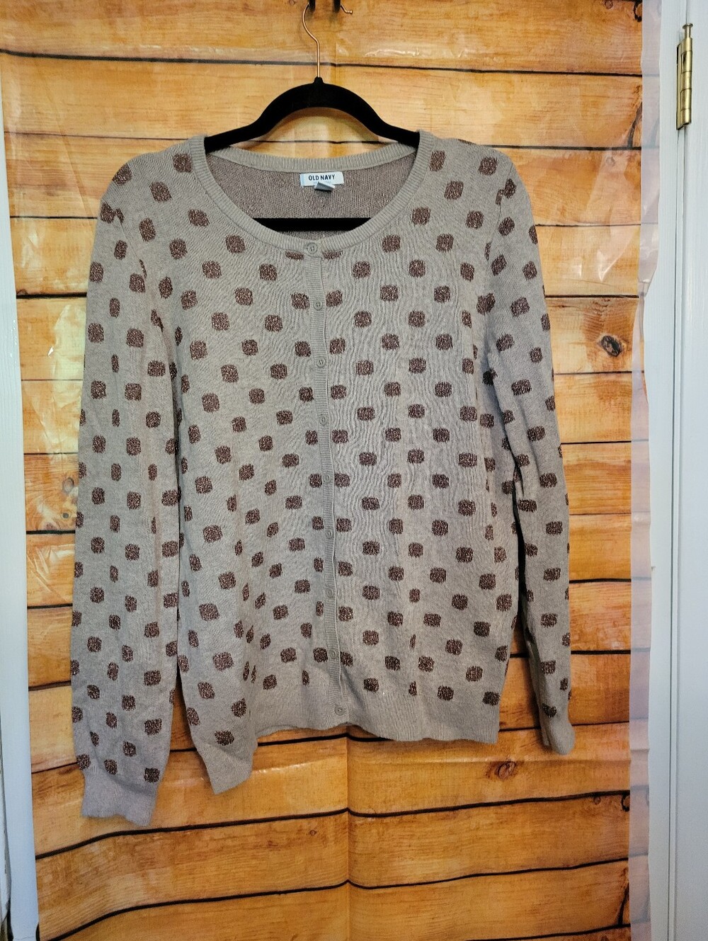 Old Navy Taupe Cardigan with Brown Polka Dots L